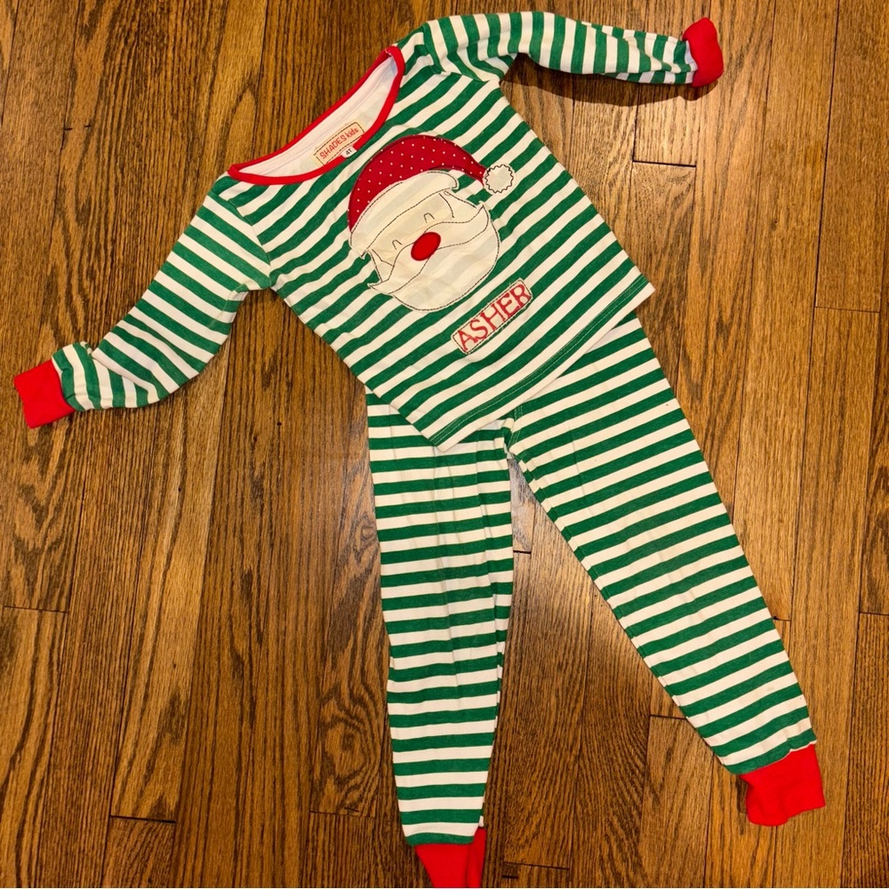 Personalized name ASHER Santa Claus Christmas pajama set green and white striped